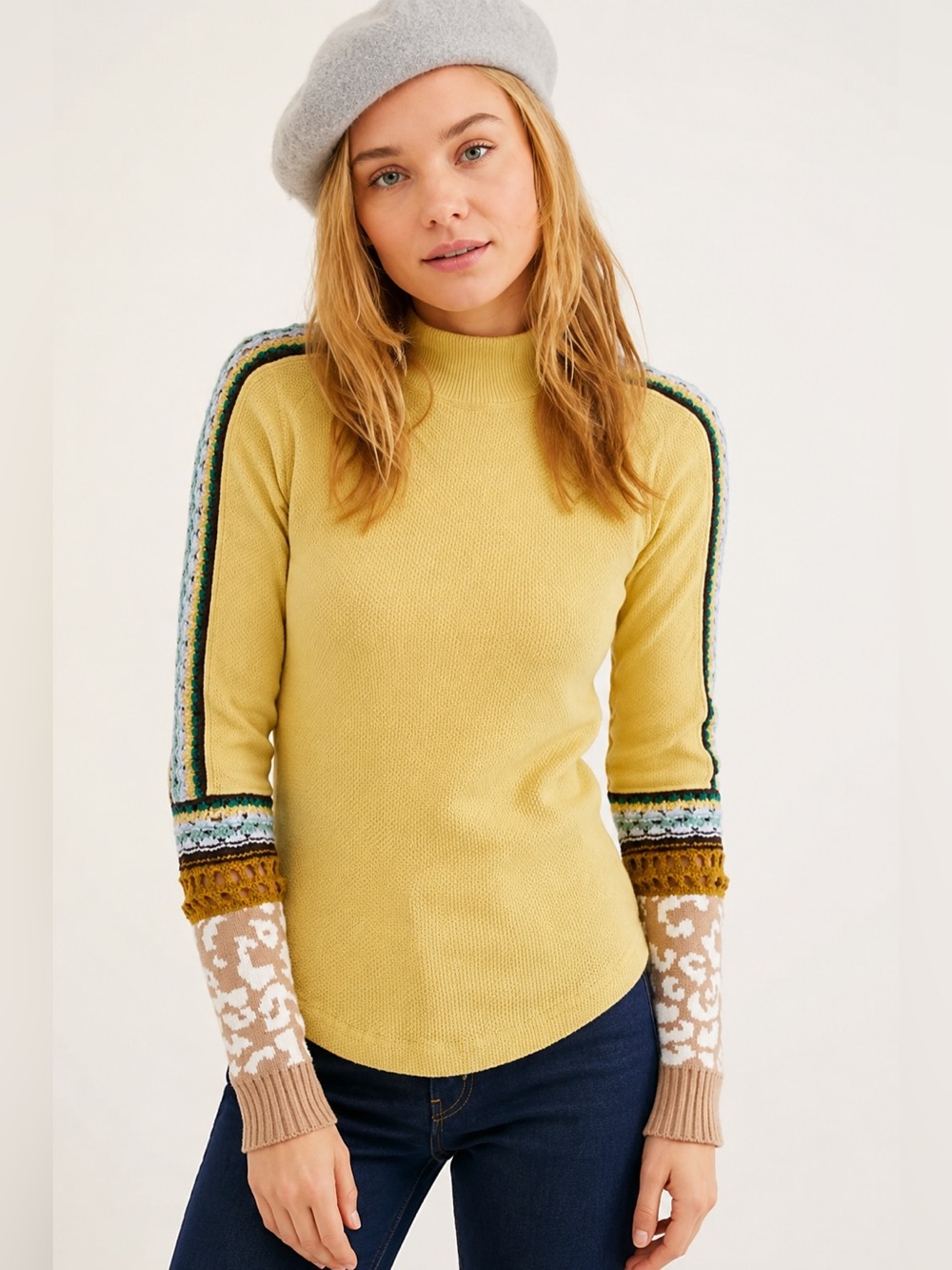 Free People Mixed Knit Leopard Sleeve Thermal Top Mustard Boho Small
